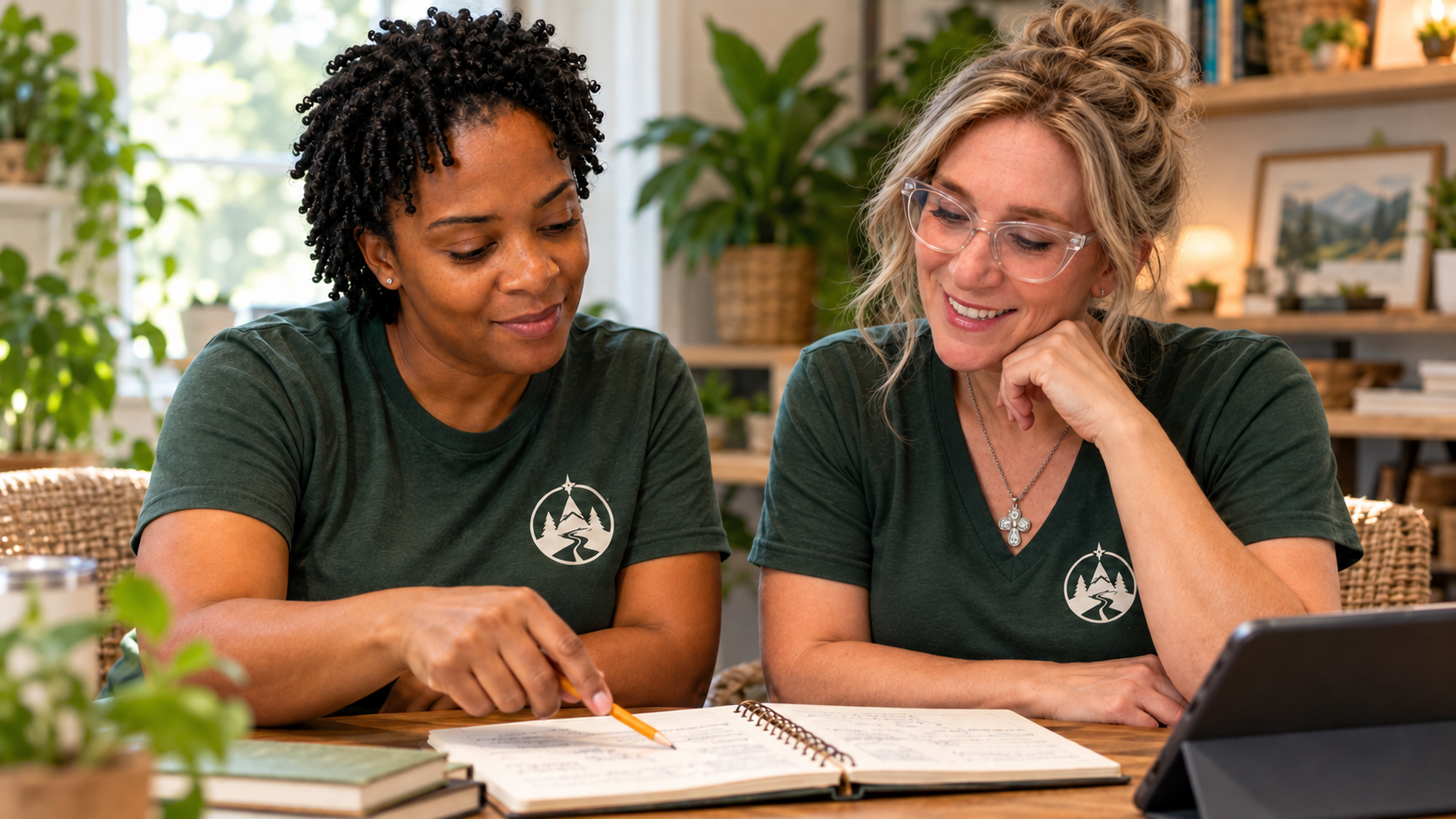 Misty and Mrs. Q collaborating on a plan together