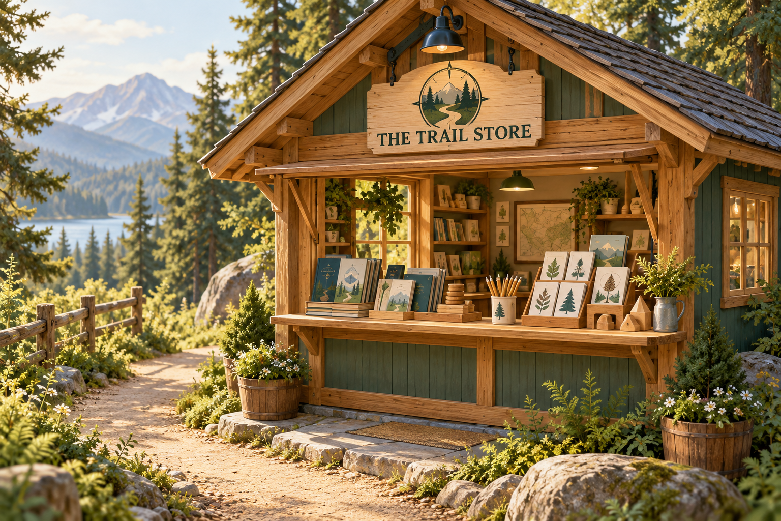 A cozy woodland Trail Store with books and learning tools